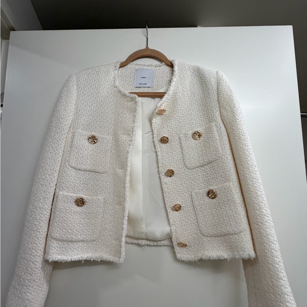 Mango Cream Tweed Blazer with Gold Buttons